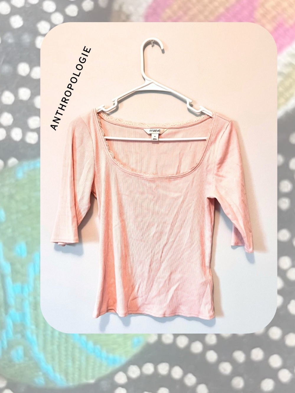 Maeve Anthropologie Light pink lace-trimmed three-quarter sleeve top